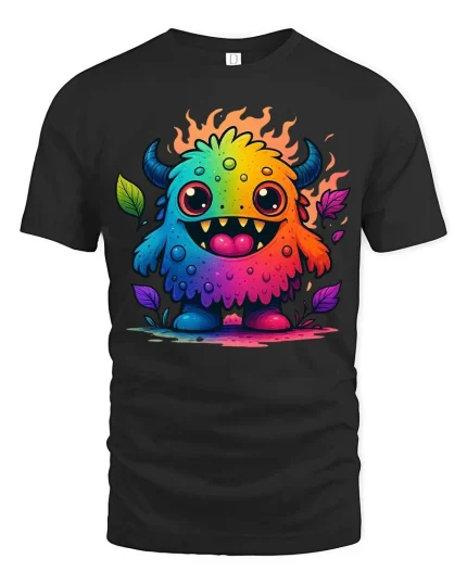 Cute Rainbow Monster T Shirt Colorful Cartoon Fun Design - black t-shirt on white background