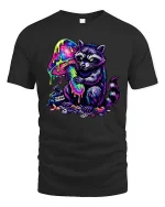 Trippy Raccoon T Shirt Neon Mushroom Psychedelic Art - black t-shirt on white background