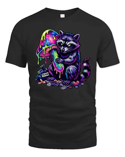 Trippy Raccoon T Shirt Neon Mushroom Psychedelic Art - black t-shirt on white background