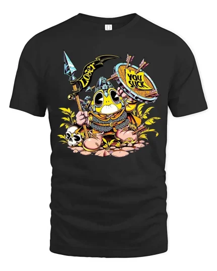 Funny Viking Duck T Shirt Cartoon Warrior Humor Design - black t-shirt on white background