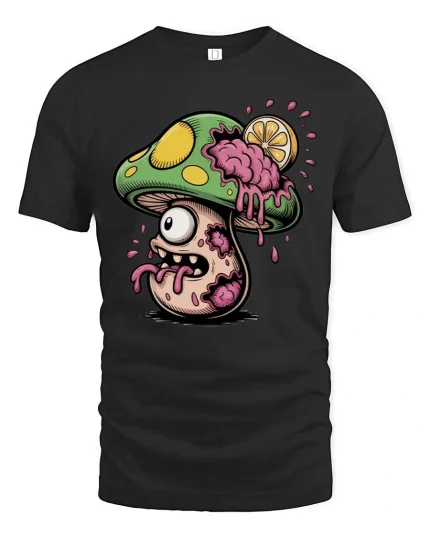Zombie Mushroom T Shirt Creepy Cute Horror Cartoon Art - black t-shirt on white background
