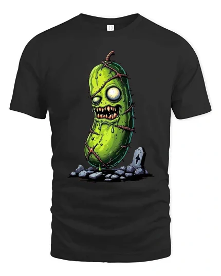 Zombie Pickle T Shirt Funny Creepy Horror Cartoon Art - black t-shirt on white background