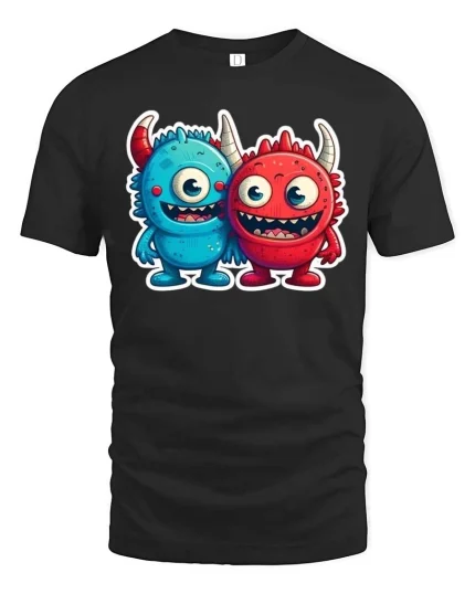 Cute Monster Duo T Shirt Funny Cartoon Best Friends Art - black t-shirt on white background