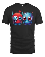 Cute Monster Love T Shirt Funny Cartoon Couple Art Style - black t-shirt on white background