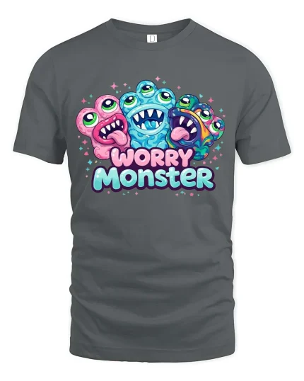 Funny Worry Monster T Shirt Cute Anxiety Cartoon Vibes - gray t-shirt on white background