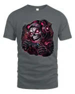 Gamer Skull T Shirt Dark Neon Gaming Skeleton Graphic - gray t-shirt on white background