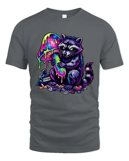 Trippy Raccoon T Shirt Neon Mushroom Psychedelic Art - gray t-shirt on white background