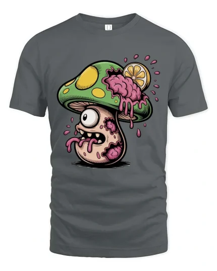 Zombie Mushroom T Shirt Creepy Cute Horror Cartoon Art - gray t-shirt on white background