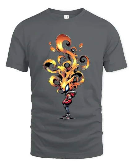 Fire Head T Shirt Cool Flame Character Streetwear Art - gray t-shirt on white background