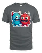 Cute Monster Duo T Shirt Funny Cartoon Best Friends Art - gray t-shirt on white background