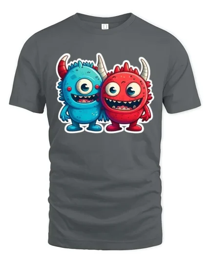 Cute Monster Duo T Shirt Funny Cartoon Best Friends Art - gray t-shirt on white background
