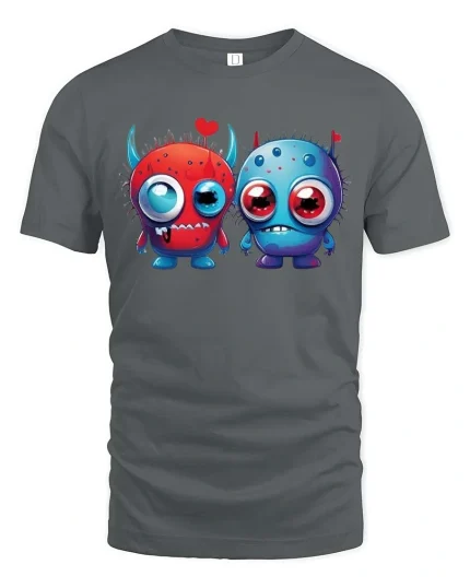 Cute Monster Love T Shirt Funny Cartoon Couple Art Style - gray t-shirt on white background