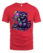 Trippy Raccoon T Shirt Neon Mushroom Psychedelic Art - red t-shirt on white background