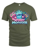 Funny Worry Monster T Shirt Cute Anxiety Cartoon Vibes - military green t-shirt on white background
