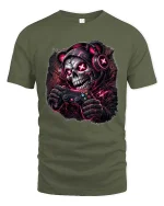 Gamer Skull T Shirt Dark Neon Gaming Skeleton Graphic - military green t-shirt on white background