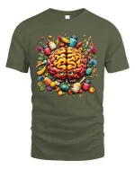 Healthy Brain Food T Shirt Colorful Nutrition Art Design - military green t-shirt on white background