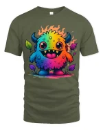 Cute Rainbow Monster T Shirt Colorful Cartoon Fun Design - military green t-shirt on white background