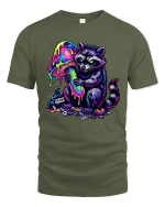 Trippy Raccoon T Shirt Neon Mushroom Psychedelic Art - military green t-shirt on white background