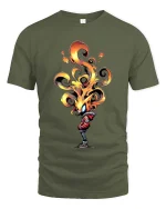 Fire Head T Shirt Cool Flame Character Streetwear Art - military green t-shirt on white background