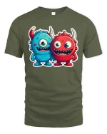 Cute Monster Duo T Shirt Funny Cartoon Best Friends Art - military green t-shirt on white background