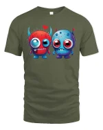 Cute Monster Love T Shirt Funny Cartoon Couple Art Style - military green t-shirt on white background