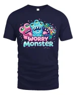 Funny Worry Monster T Shirt Cute Anxiety Cartoon Vibes - navy t-shirt on white background