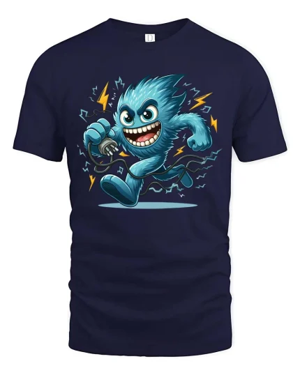 Electric Monster T Shirt Funny Energy Cartoon Graphic - navy t-shirt on white background
