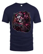 Gamer Skull T Shirt Dark Neon Gaming Skeleton Graphic - navy t-shirt on white background