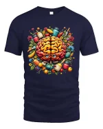 Healthy Brain Food T Shirt Colorful Nutrition Art Design - navy t-shirt on white background