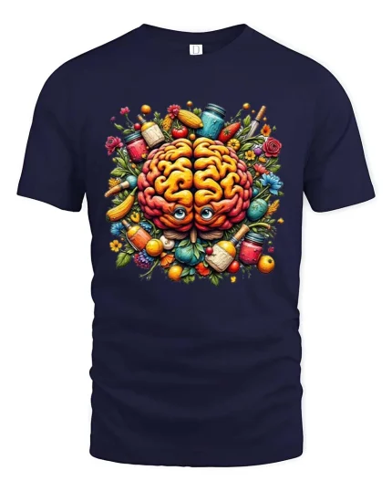 Healthy Brain Food T Shirt Colorful Nutrition Art Design - navy t-shirt on white background