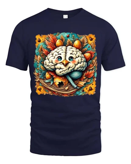 Cute Brain Bird Nest T Shirt Whimsical Nature Art Design - navy t-shirt on white background