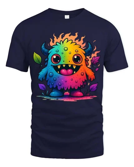 Cute Rainbow Monster T Shirt Colorful Cartoon Fun Design - navy t-shirt on white background