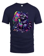 Trippy Raccoon T Shirt Neon Mushroom Psychedelic Art - navy t-shirt on white background