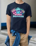 Funny Worry Monster T Shirt Cute Anxiety Cartoon Vibes - model wearing navy tee with hands in pockets