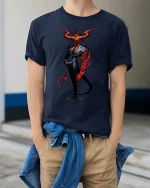 Devil Gentleman T Shirt Dark Elegant Demon Graphic Art - model wearing navy tee with hands in pockets
