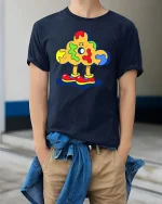 Abstract Blob T Shirt Colorful Cartoon Fun Graphic Art - model wearing navy tee with hands in pockets