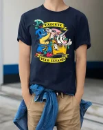 Execute Your Dreams T Shirt Funny Dark Humor Cartoon Art - model wearing navy tee with hands in pockets