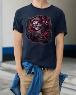 Gamer Skull T Shirt Dark Neon Gaming Skeleton Graphic - model wearing navy tee with hands in pockets