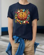Healthy Brain Food T Shirt Colorful Nutrition Art Design - model wearing navy tee with hands in pockets