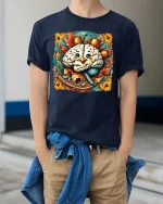 Cute Brain Bird Nest T Shirt Whimsical Nature Art Design - model wearing navy tee with hands in pockets