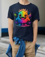 Cute Rainbow Monster T Shirt Colorful Cartoon Fun Design - model wearing navy tee with hands in pockets