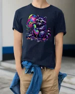 Trippy Raccoon T Shirt Neon Mushroom Psychedelic Art - model wearing navy tee with hands in pockets
