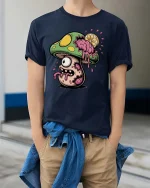 Zombie Mushroom T Shirt Creepy Cute Horror Cartoon Art - model wearing navy tee with hands in pockets