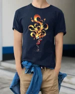 Fire Head T Shirt Cool Flame Character Streetwear Art - model wearing navy tee with hands in pockets