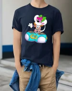 Cute Mouse T Shirt Cartoon Street Style Fun Graphic Art - model wearing navy tee with hands in pockets