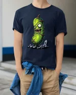 Zombie Pickle T Shirt Funny Creepy Horror Cartoon Art - model wearing navy tee with hands in pockets