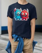 Cute Monster Duo T Shirt Funny Cartoon Best Friends Art - model wearing navy tee with hands in pockets