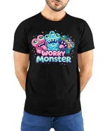 Funny Worry Monster T Shirt Cute Anxiety Cartoon Vibes - model wearing black tee with hands behind back