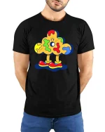 Abstract Blob T Shirt Colorful Cartoon Fun Graphic Art - model wearing black tee with hands behind back