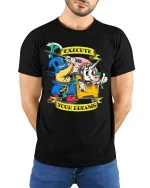 Execute Your Dreams T Shirt Funny Dark Humor Cartoon Art - model wearing black tee with hands behind back